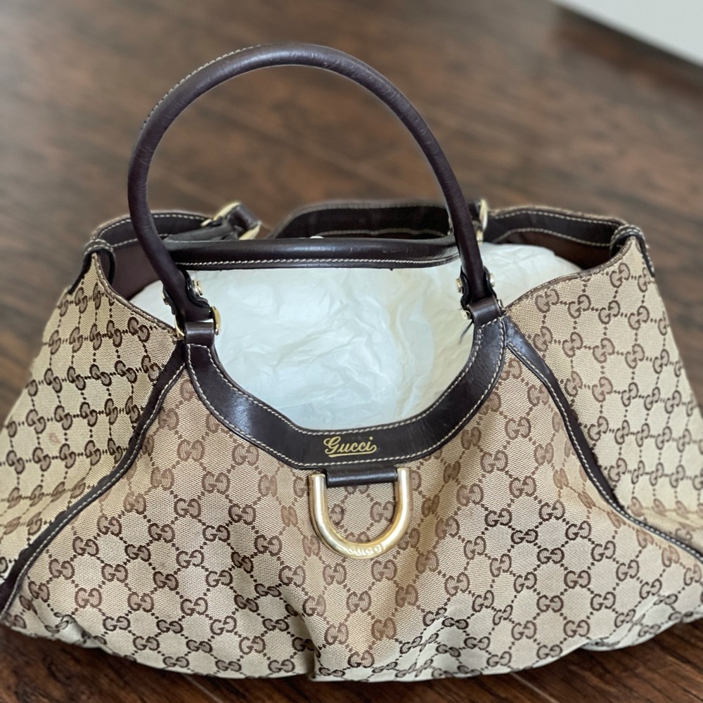 Gucci Brown/Tan GG Canvas & Leather Large D-Ring